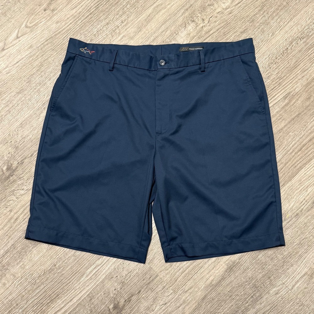 Greg Norman Mens Navy Blue Golf Shorts Size 40 Performance Flat Front Shark Logo